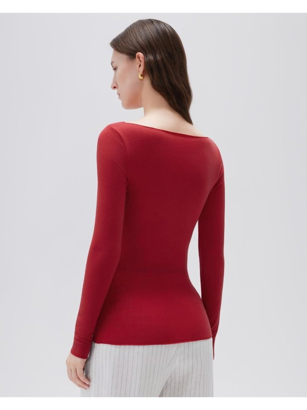 Women's Red Elegant Boat Neck Long Sleeve Shirt Slim Fit Going Out Knit Top - Picture 5 of 6